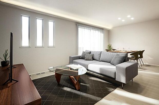 【No.1_内観パース1　】大きな掃出し窓からやわらかな陽光が差し込む、明るく開放的なリビング・ダイニング。間接照明が空間に上質なアクセントを添え、家族が自然と集まる心地よい住まいを演出します。※画像は全てCGです。