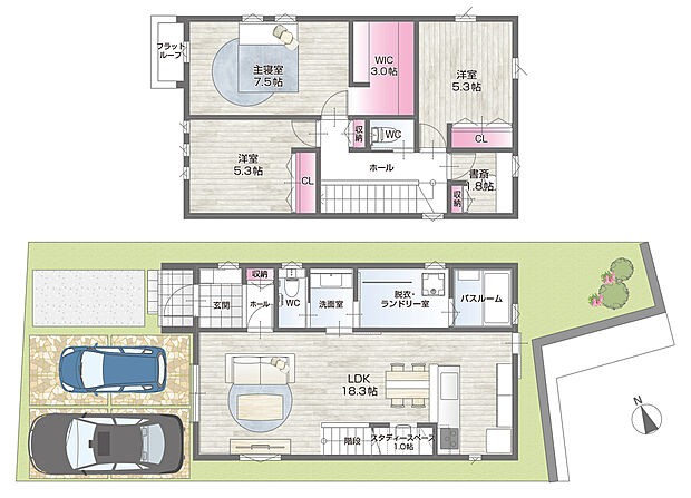 【間取図/G号地】スタディースペースは、キッチンから見守ることができるリビング階段下に。ランドリーに室内物干を備えています。2階約1.8帖書斎は、扉を閉めてリモートワークなどに集中できそうです。