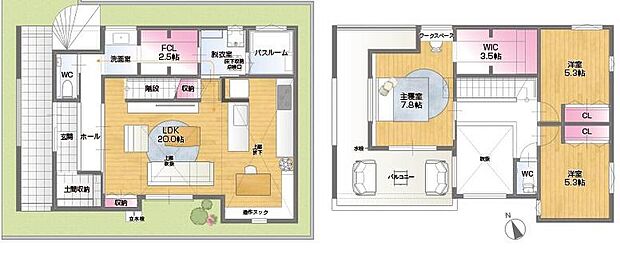【3LDK+FCL /二型キッチン/造作ヌック/バルコニー】■玄関~洗面室~FCL~洗面室~LDKへと回遊できるスマートな動線設計。
■LDKは約20.0帖!2箇所の収納を備え、リビングは上部吹抜で開放的です。
■効率よくお料理が捗るII型キッチン。造作ヌックダイニングはコーナー部分で程よくこもり感があり、落ち着きあるスペースに。
■コの字型バルコニーに直接出入りができ、風通しの良い2階主寝室。約3.5帖WIC、ワークスペース付き。
■バルコニーは屋根付きのため、雨の日の洗濯物も安心です。
■1階LDKと2階が緩やかにつながるリビング階段を採用。