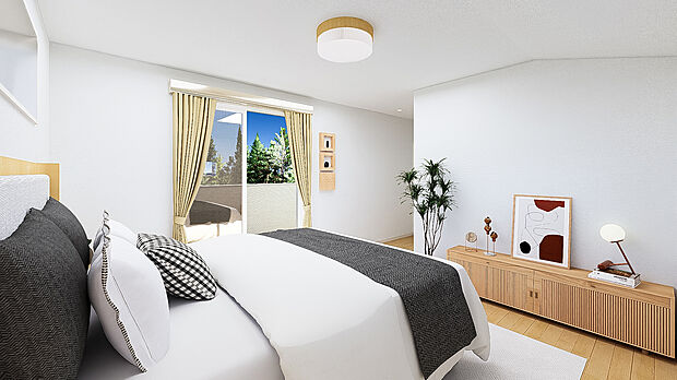 【主寝室】◇主寝室には大きな窓を設け、たっぷりの自然光を確保。朝日がやさしく差し込み、心地よい目覚めを叶えます。明るく開放感のある空間で、1日の始まりも快適に。