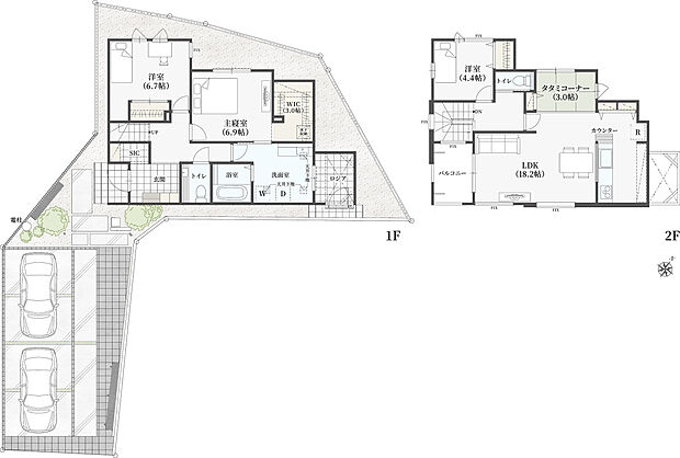 【3LDK】車庫2台/LDK18.2帖／タタミコーナー／ロジア／SIC／WIC／カウンター／バルコニー