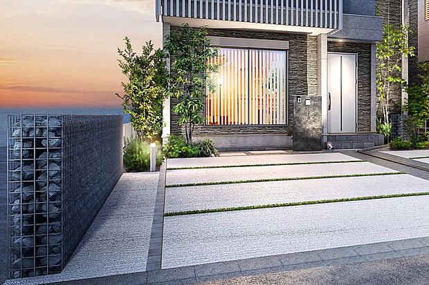 【外観・完成予想パース】◇スチールのメッシュで籠をつくり植物や石材を詰める「蛇籠」は、ホテルや商業ビルなどに近年取り入れられているエクステリアデザインです。