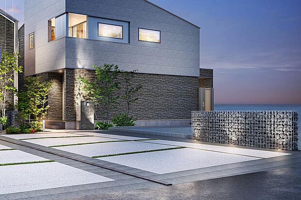 【外観・完成予想パース】◇周囲とは一線を画す風景を創造するため、建物は幾何学で構成し、グレーを基調とした石調の素材感を纏わせます。