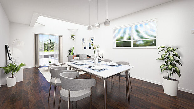 【1号棟・リビング・完成予想パース】◇上部吹抜のある開放的な空間が魅力の物件。自然光が差し込み、明るく心地よい住まいを実現します♪