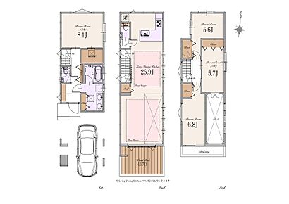 建物面積：146.49m2（車庫17.47m2、ポーチ・通路、デッドスペース部分6.87m2、バルコニー部分0.54m2含む） 
