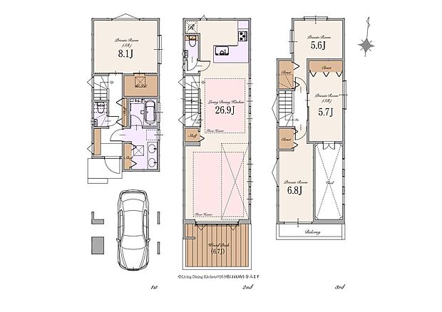 【 2LDK+2S】建物面積：146.49m2（車庫17.47m2、ポーチ・通路、デッドスペース部分6.87m2、バルコニー部分0.54m2含む）