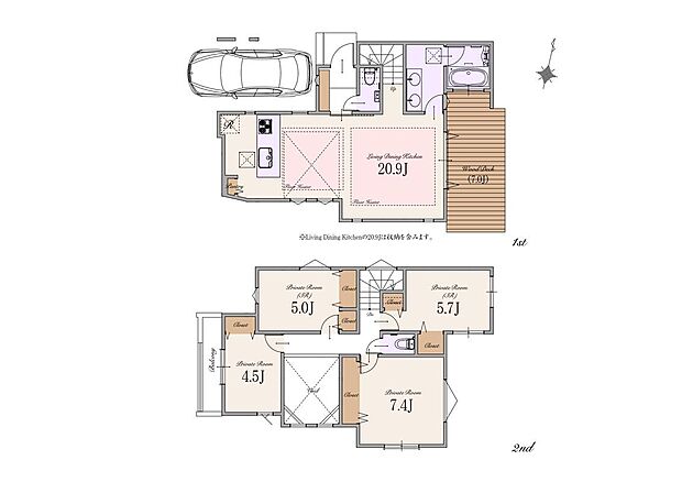 【2LDK+2S】建物面積:107.98m2(車庫面積8.47m2)