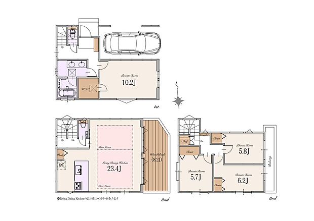 【4LDK】建物面積:138.90m2(車庫面積16.38m2含む)
土地面積:78.22m2(東京都建築安全条例による隅切り部分0.96m2含む)