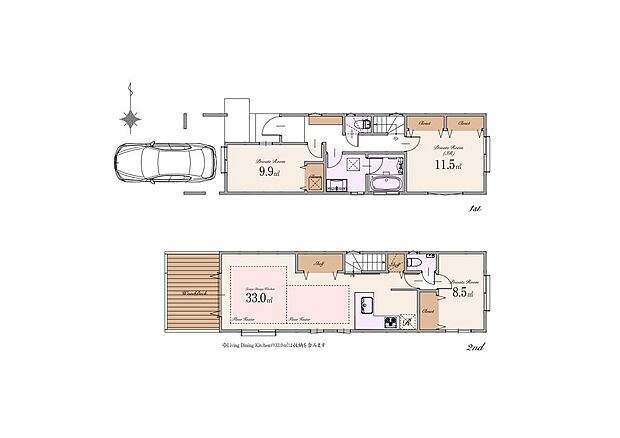 【2LDK+1S】建物面積:93.74m2（車庫14.01m2含む）