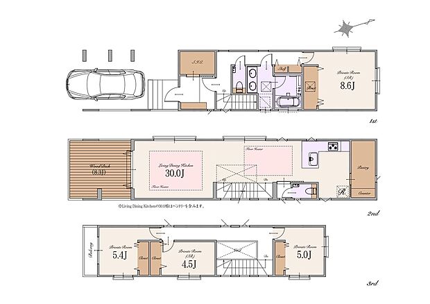 【2LDK+2S】土地面積：99.54m2(建築確認申請上の控除面積約0.10m2含む)建物面積：170.18m2(車庫面積15.10m2・駐輪場面積5.69m2・宅配ボックス部分0.40m2・ポーチ部分3.62m2・外部部分0.18m2・バルコニー部分3.99m2含む)