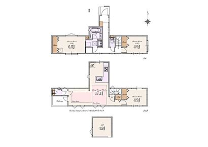 建物面積：87.04m2（別途ロフト部分7.89m2）（駐輪場面積4.15m2含む）
土地面積：71.21m2（建築確認申請上の控除面積0.05m2含む） 