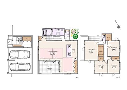 建物面積：186.60m2(車庫34.36m2、外部面積5.41m2含む) 