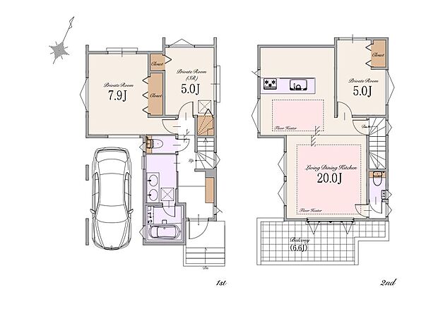 【建物参考プラン】土地価格:7,490万円 建物参考プラン価格:2,300m万円(税込) 総額:9,790万円(税込) 土地面積:約87m2 建物面積:約97m2(車庫面積約12m2含む)