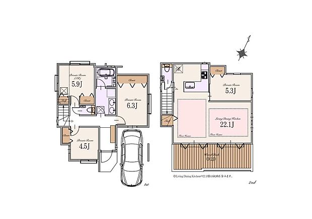 【建物参考プラン】土地価格:9,390万円 建物参考プラン価格:3,600万円(税込) 総額:12,990円(税込) 土地面積:約100m2 建物面積:約110m2(車庫面積約11m2含む)