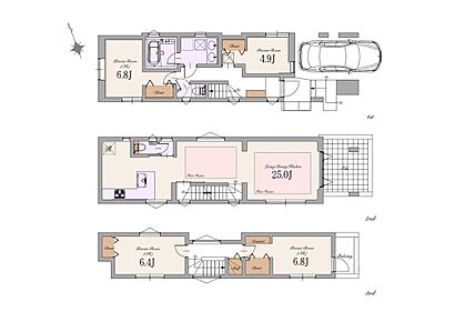 建物面積：134.20m2（車庫面積8.50m2・ポーチ部分6.73m2・バルコニー0.18m2含む） 