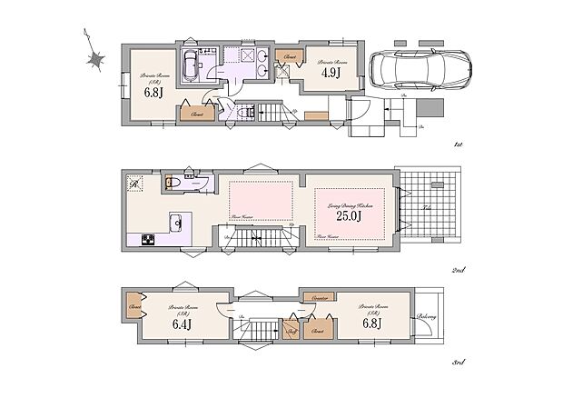 【1LDK+3S】建物面積：134.20m2（車庫面積8.50m2・ポーチ部分6.73m2・バルコニー0.18m2含む）
