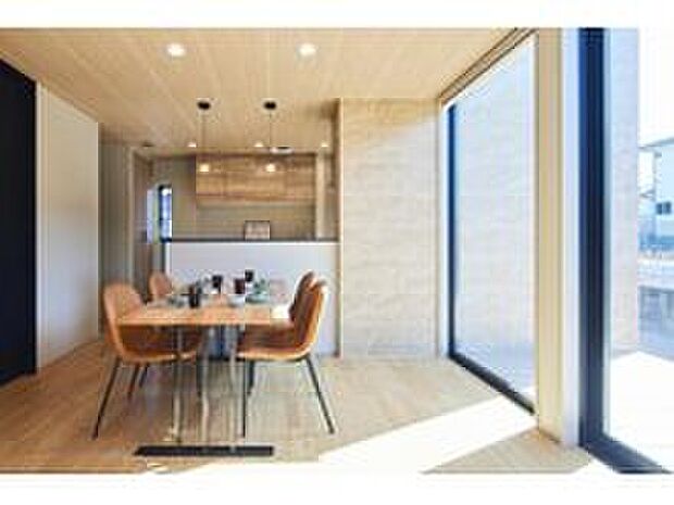 リビングから屋外まで繋がるタイル壁があることにより、ウッドデッキがまるで一体空間のように感じることが出来ます。壁は視線を遮る役割も果たします。