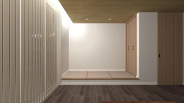 和室は間接照明で落ち着きのある暖かみのある空間に。
人気の小上がりにしています。