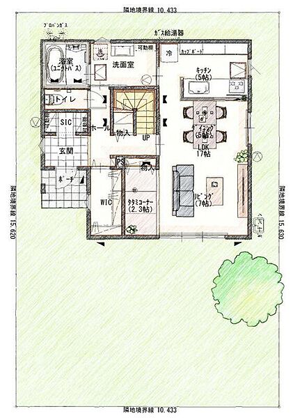 1階間取り
3430万円、4LDK、土地面積163.01m2、建物面積114.27m2 
キッチンから洗面室、洗面室からWICへの回遊動線が家事楽へ繋がります！