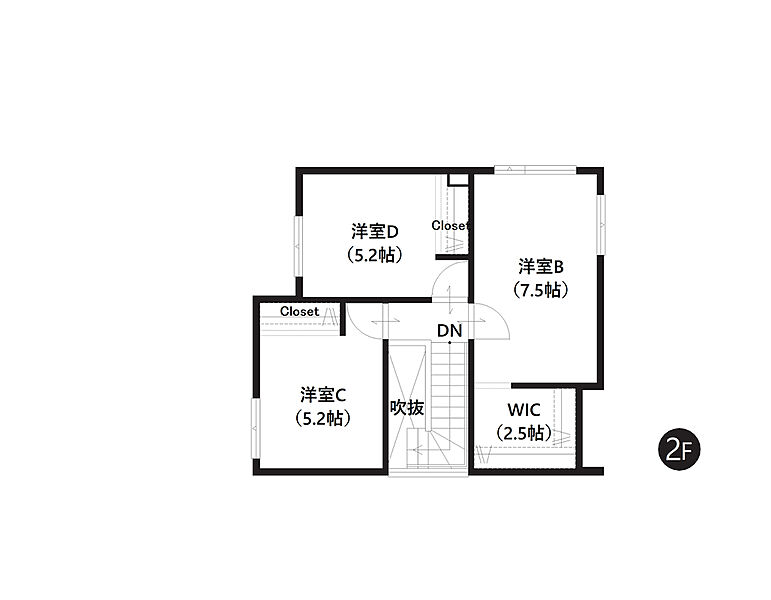 【2階間取図】
2階には洋室3部屋を振り分けました。ご家族間でのプライベート空間もしっかり確保しています。