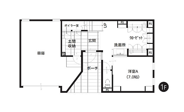 【1F平面図】
ご夫婦お二人住まいからファミリー層まで、多くの皆さまに参考にしていただける要素を、お家のあちこちに散りばめたような間取りと内装になっています。