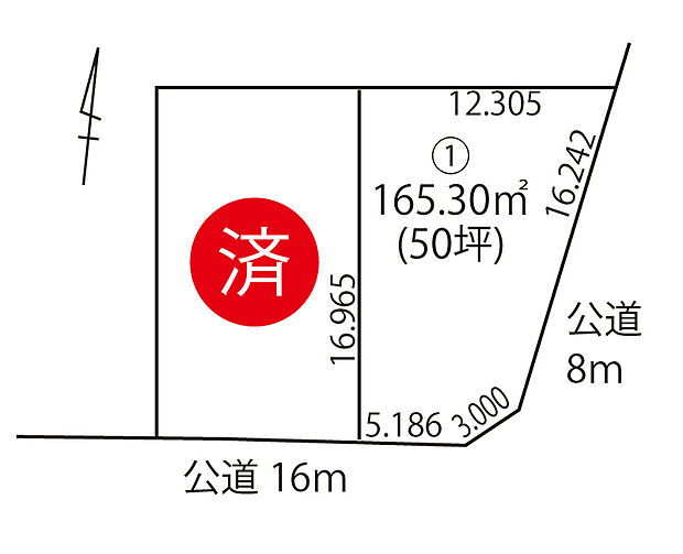 【全体区画図】
南東角地を含む全2区画の売地。土地面積はゆとりある約50坪です。