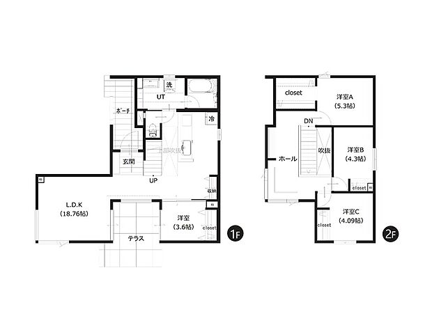 【1号棟 1階間取図】
LDKとひと続きになるテラスは、外と内をゆるやかにつなぎます。WICを含む全居室収納付きで室内スッキリ快適。お荷物の多いファミリーにもおすすめです。