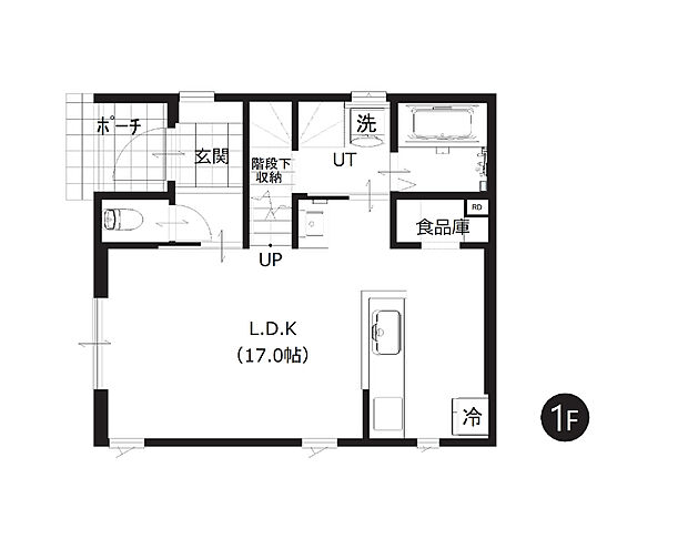 【1階間取図】
LDKはゆったり約17帖。1階に水回りを集約させた間取りで家事もスムーズ、生活動線良好です。