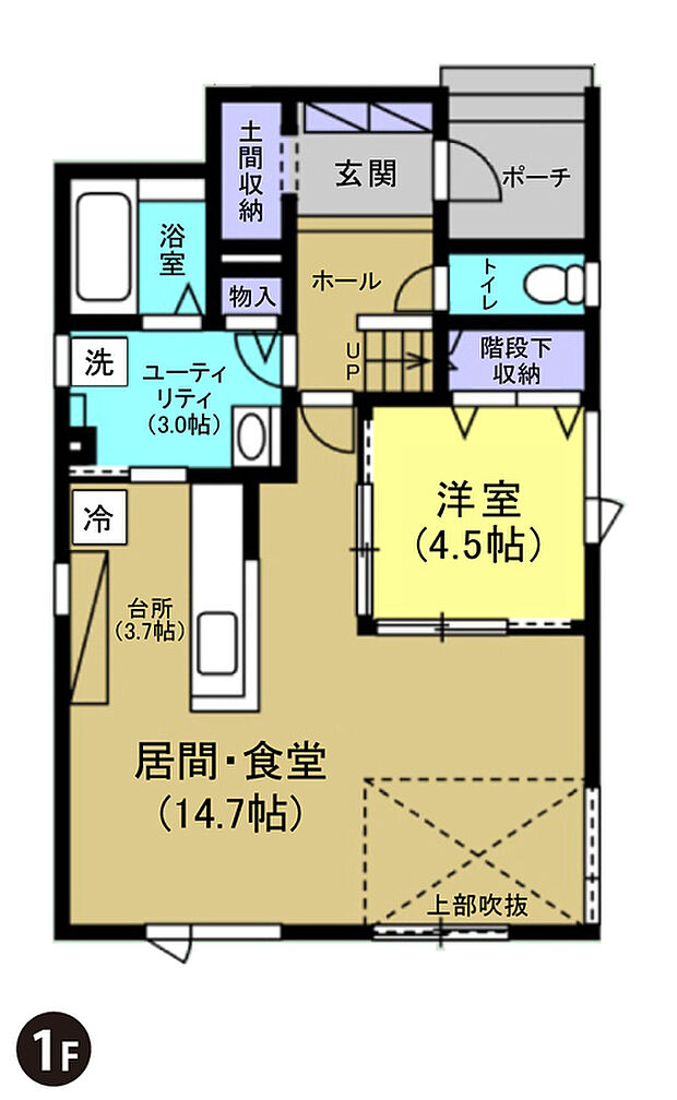 【【建築プラン例】】建物面積：106.00m2
建物代金：2630万円(税込)
※杭工事、分水工事、諸費用別途
※設計プランの参考一例であって、当該プランの採用可否は任意です。