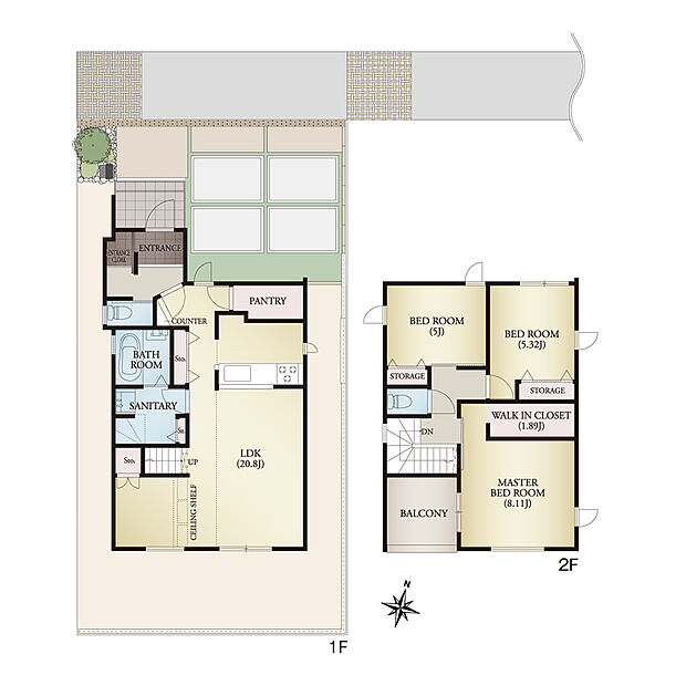 【3LDK+2S】使いやすい収納を各所に設けたスッキリ住まい

※延長敷地部分の面積／16.88m2
※通行地役権部分の面積／34.35m2