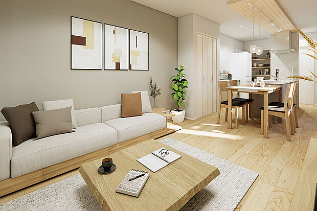 約18.61帖のLDKからはウッドデッキ、そして中庭に出られます。外からは見えない家族だけのプライベート空間をお楽しみいただけます♪/4号地