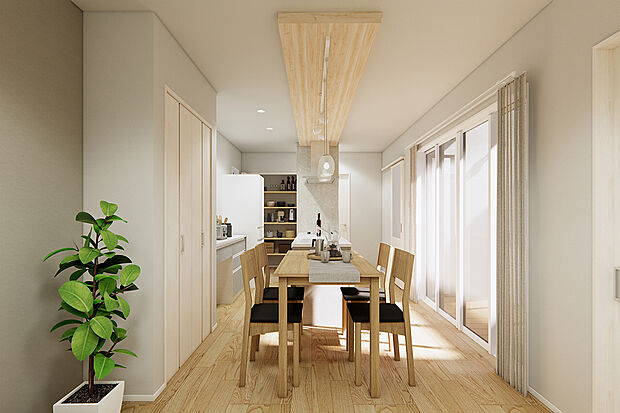 【4号地:LDK】一直線に伸びたLDKで家族との会話も弾む動線/完成予想パース