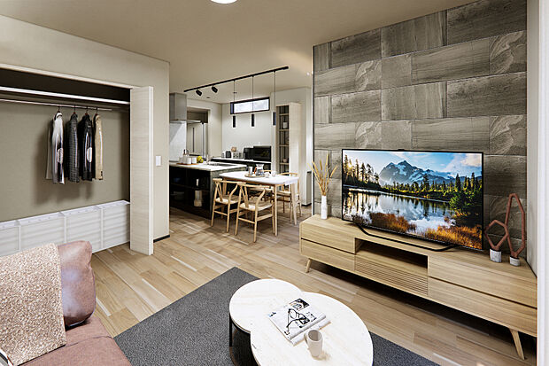 【3号地:LDK】約20帖のひろびろLDK◎キッチンと横並びのダイニングは家事しながら家族とお話しできて、家事動線の短縮にもなりますね♪/3号地パース