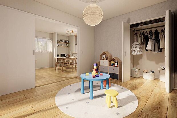 【4号地:フレキシブルルーム】リビングに面したフレキシブルルームは生活スタイルに応じていろいろな用途が◎休日にゆったりくつろぐスペースとしても有効的に使用できますね♪/4号地完成予想パース