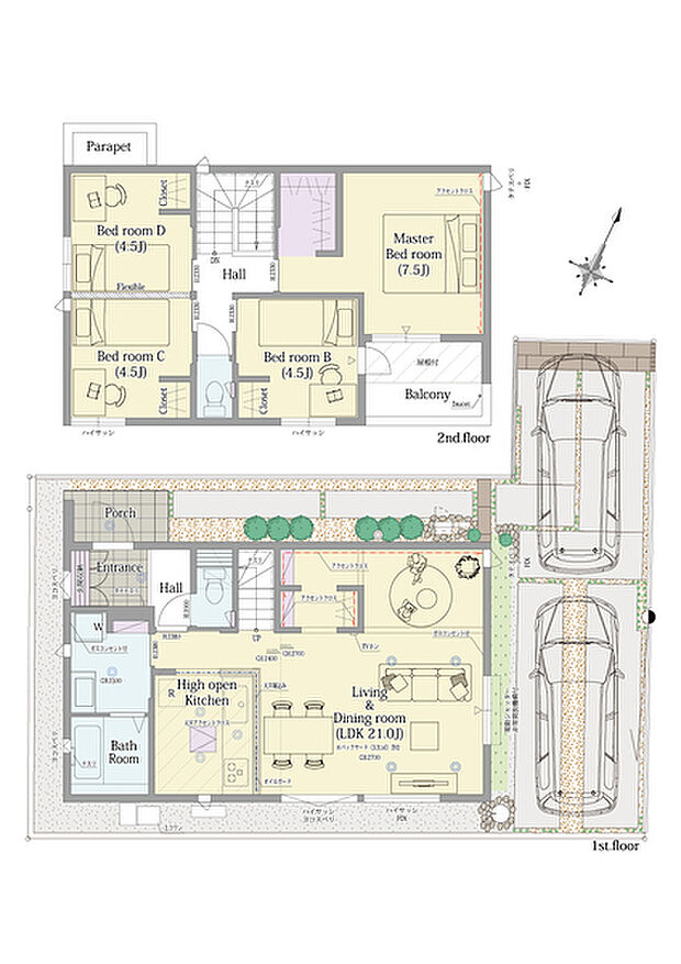 【4LDK】4LDK+ウォークインクロゼット+バックヤード
■敷地面積:114.91m2(34.76坪)
■建物面積: 95.01m2(28.37坪)