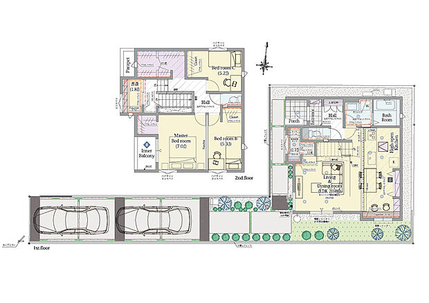 【4LDK】4LDK+ファミリークロゼット+ウォークインクロゼット

■敷地面積：139.50m2(42.19坪)
■建物面積：104.02m2(30.46坪)
■１階面積：  50.20m2(15.15坪)
■２階面積：  53.82m2(15.31坪)