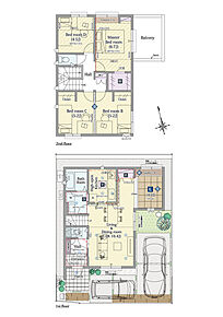3LDK+テラス+書斎コーナー+ウォークインクロゼット+パントリー

■敷地面積：110.10m2(33.30坪)
■建物面積：103.66m2(28.50坪)
■１階面積：  56.35m2(15.13坪)
■２階面積：  47.31m2(13.37坪) 