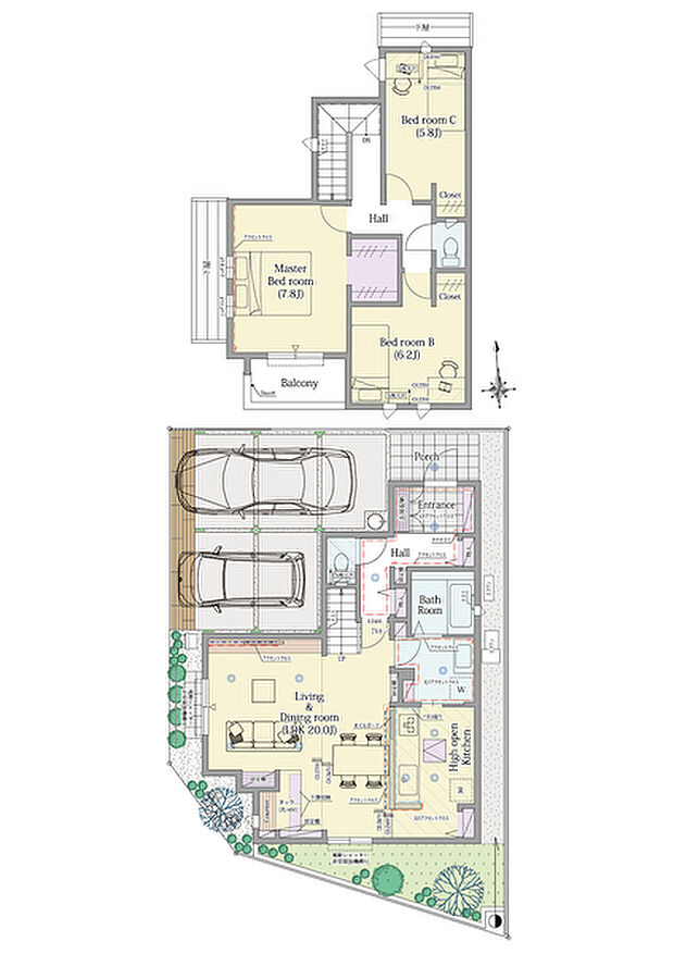 【3LDK】3LDK+ウォークインクロゼット+パントリー

■敷地面積：110.03m2(33.28坪)
■建物面積： 96.46m2(29.25坪)
■１階面積：  51.75m2(15.75坪)
■２階面積：  44.71m2(13.50坪)