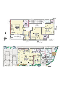 3LDK+2ウォークインクロゼット

■敷地面積：110.15m2(33.32坪)
■建物面積：101.23m2(30.15坪)
■１階面積：51.55m2(15.34坪)
■２階面積：49.68m2(14.81坪) 