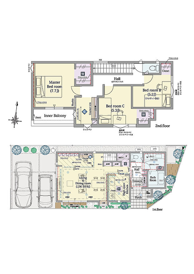 【3LDK】3LDK+2ウォークインクロゼット
■敷地面積:110.15m2(33.32坪)
■建物面積:101.23m2(30.15坪)
■1階面積:51.55m2(15.34坪)
■2階面積:49.68m2(14.81坪)