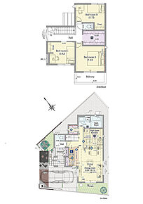 3LDK+小上がりラウンジ+バックヤード+ファミリークロゼット

■敷地面積：111.57m2(33.74坪)
■建物面積：95.01m2(28.68坪)
■１階面積：49.99m2(15.09坪)
■２階面積：45.02m2(13.59坪)
 