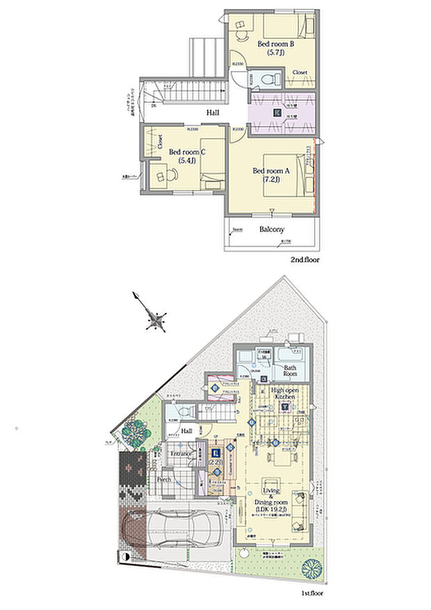 【3LDK】3LDK+小上がりラウンジ+バックヤード+ファミリークロゼット
■敷地面積:111.57m2(33.74坪)
■建物面積:95.01m2(28.68坪)
■1階面積:49.99m2(15.09坪)
■2階面積:45.02m2(13.59坪)