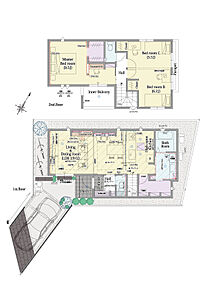 2LDK(3LDK対応可※有償対応)+ウォークインクロゼット+バックヤード

■敷地面積：103.94m2(31.44坪)
■建物面積：99.57m2(28.56坪)
■１階面積：49.89m2(15.06坪)
■２階面積：49.68m2(13.50坪) 