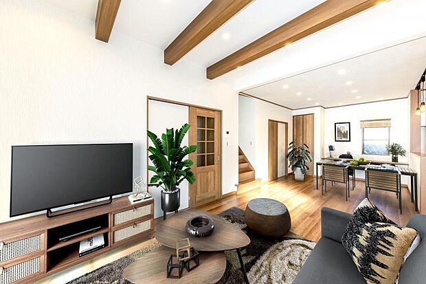 【LDK】
LDKは広々とした17.7帖。Ｌ字型の部屋型で、リビングとダイニングは横に並んで、キッチンはダイニングに向き合うようにレイアウト♪※家具等はCGであり実際には家具はついておりません。