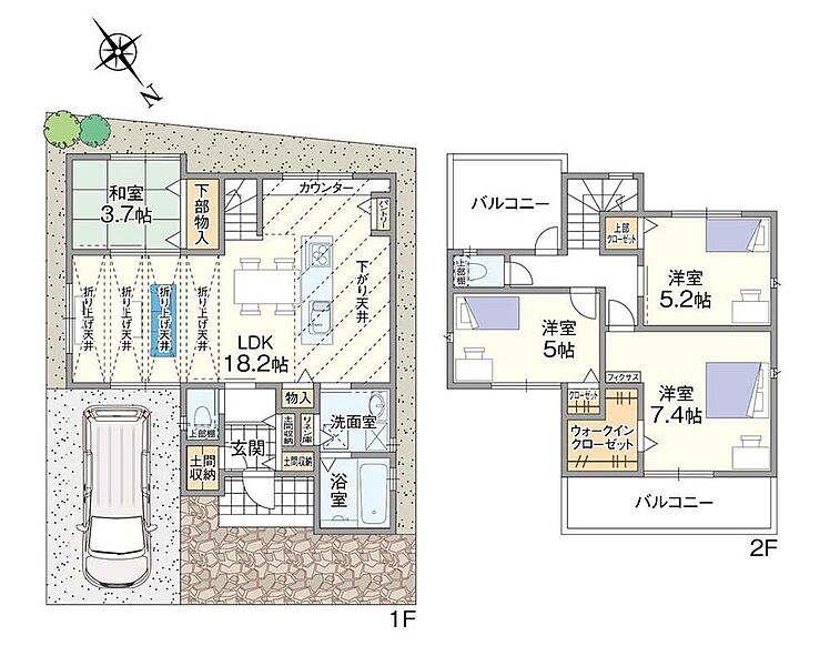 【間取り図/3号地】アイランドキッチンがスタイリッシュな印象。土間収納やWIC、パントリー、リビング収納など、豊富に収納スペースを確保し、機能性に優れた住まいです。