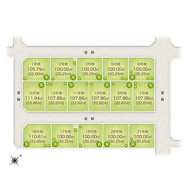 【全体区画図】
土地面積100.00m2以上の全16区画の街並み!建ぺい率60%、容積率200%。建築プランを多数ご用意しておりますので、是非、お問い合わせください。