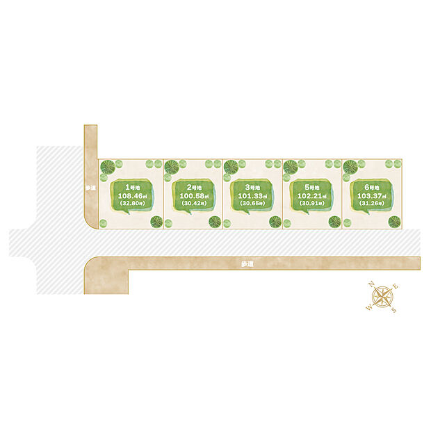 【全体区画図】
全区画30坪超！南西向きの明るい街♪きれいな整形地のランドプランで駐車スペースの確保や間取りの工夫もしやすいゆったりとした間口が特長です。