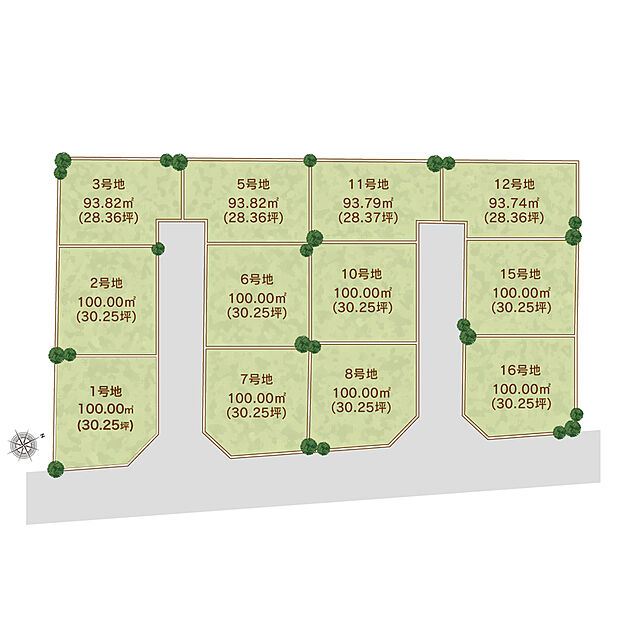 【区画図】ラスト1区画！開発道路が配され、整った区画が広がる美しい総12区画の街並み。街区内は通り抜けができず、居住者以外の車や人の往来が控えめで、プライバシーの確保にも配慮されたランドプランです。