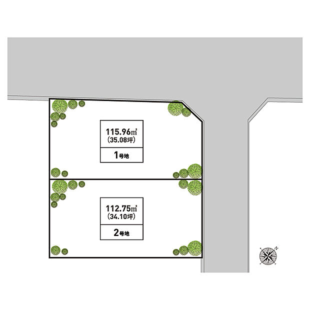 限定2区画！敷地面積34・35坪超の分譲地◎1号地は開放感のある角地、2号地は敷地全体を有効活用しやすい整形地です。
