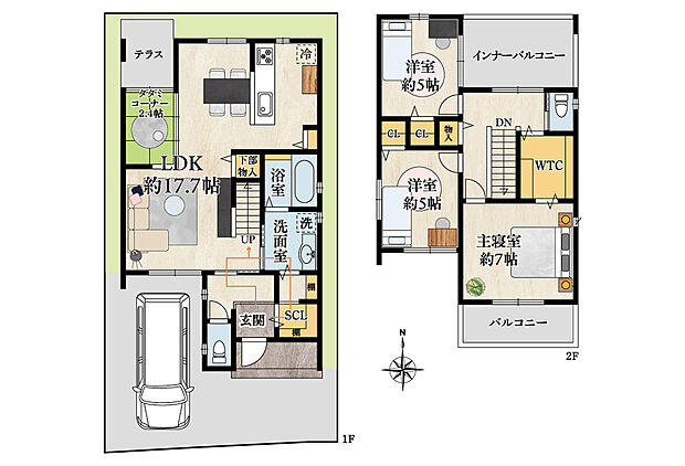【3LDK】玄関~SCL~洗面室~LDKへつながる、生活動線に配慮したこだわりの設計!LDKは対面キッチンから見渡すことができ、隣接するタタミコーナーからテラスへ出入りいただけます。こだわりのアクセントクロスなどによる、上質でホテルライクな雰囲気が日常に特別感をプラス。2WAYウォークスルークローゼットやパントリーなど、高い収納力も魅力の一邸です。
